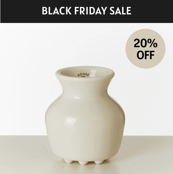 White vase with 'HOUSE' branding on a white background, featuring a Black Friday sale banner.