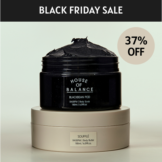 Black bean pod body scrub and Souffle body butter jar with 'House of Balance' branding on a light background, featuring a Black Friday sale label.